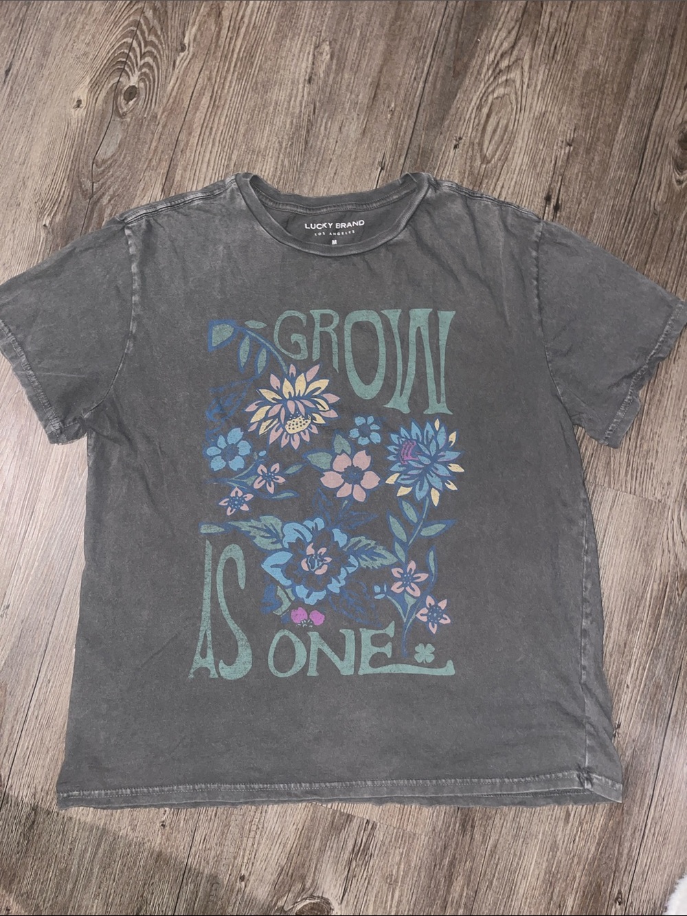 LUCKY BRAND Vintage Tee with Multicolor Floral 'Grow As One' Print